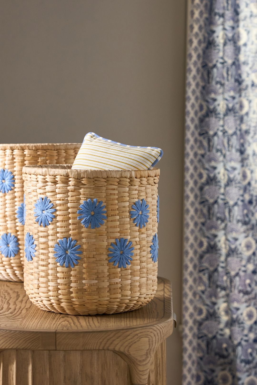 Lita Woven Banana Bark Embroidered Floral Baskets, Set of 2 - Blue, Set Of 2
