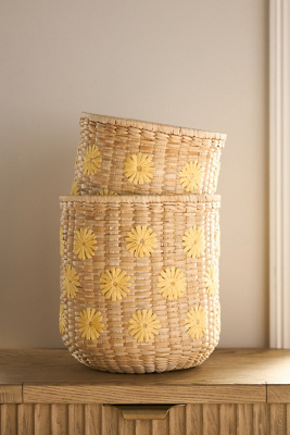 Lita Woven Banana Bark Embroidered Floral Baskets, Set of 2