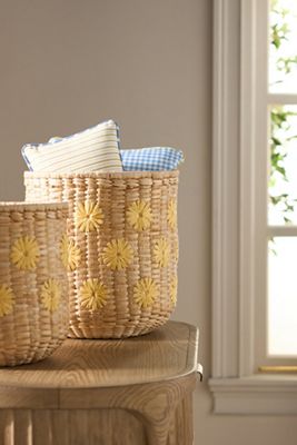 Lita Woven Banana Bark Embroidered Floral Baskets, Set of 2