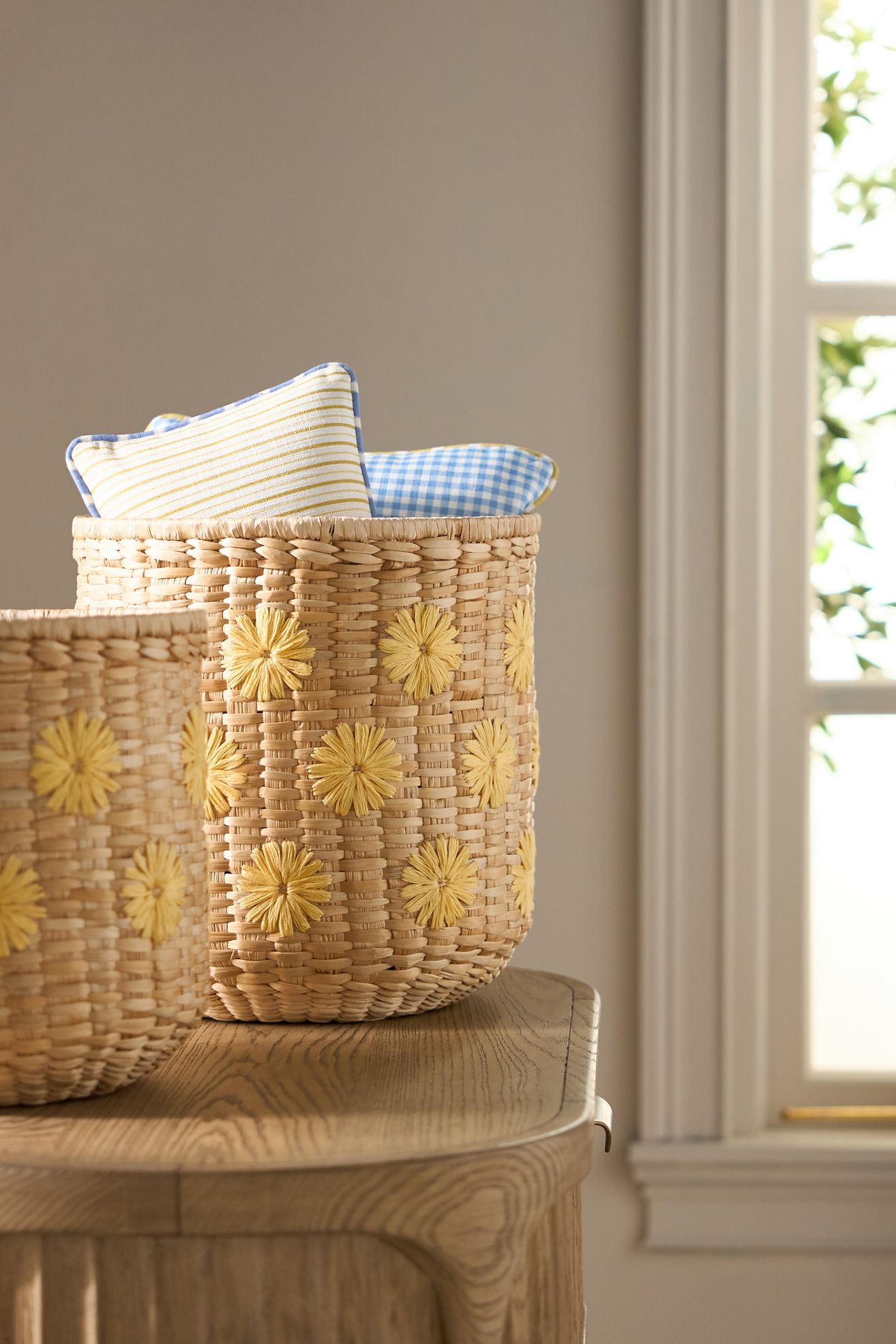Lita Woven Banana Bark Embroidered Floral Baskets, Set of 2 - Sun Yellow, Set Of 2