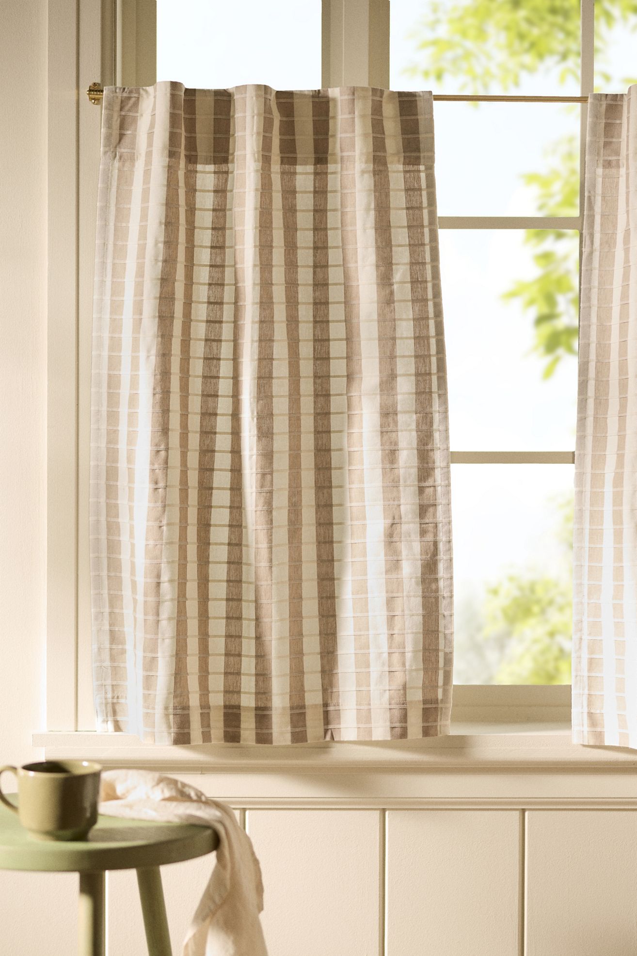 Cotton Woven Stripe Café Curtains, Set of 2 - Taupe, 25" x 36"