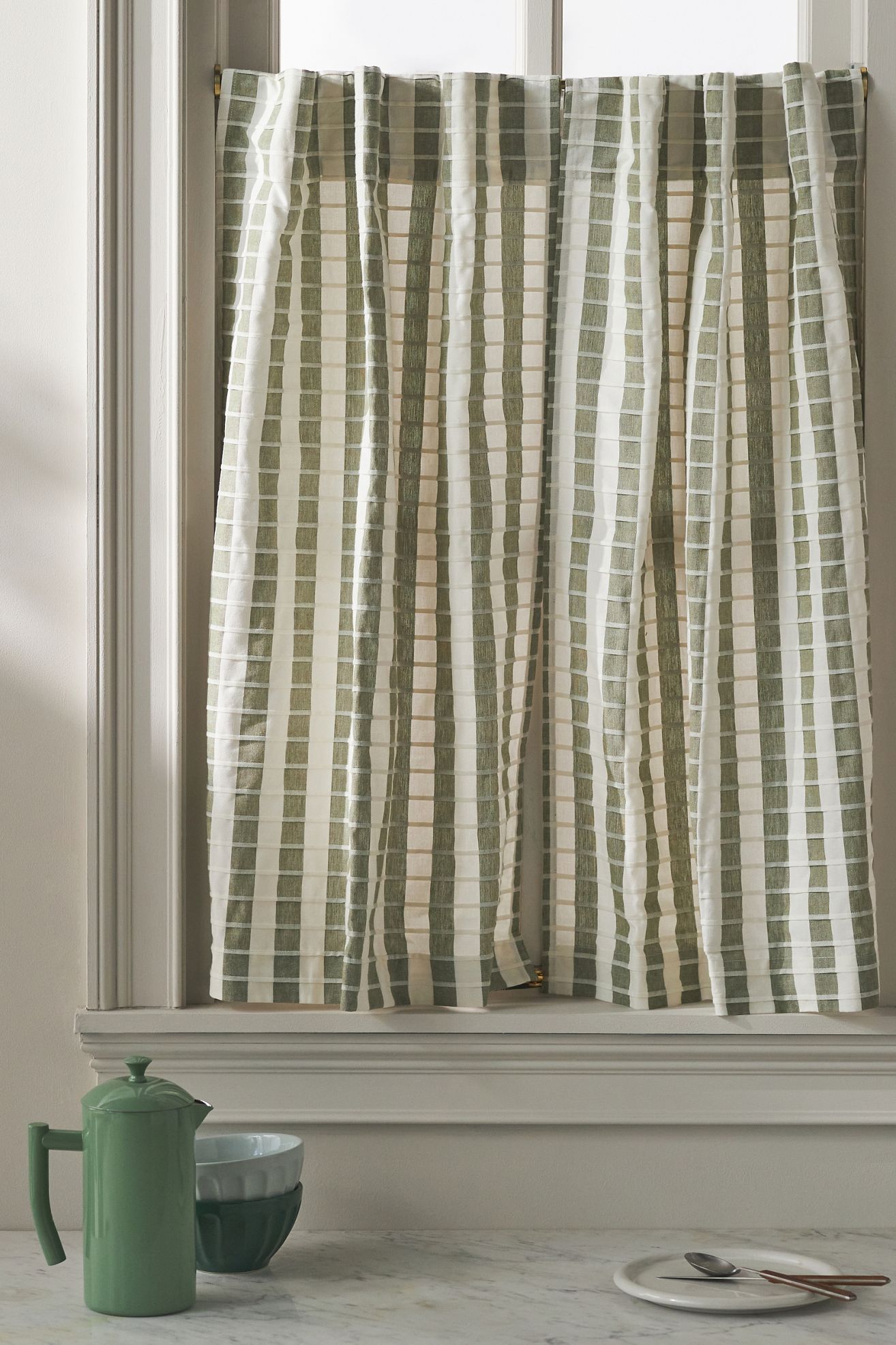 Cotton Woven Stripe Café Curtains, Set of 2 - Dark Green, Standard, 25" x 36"
