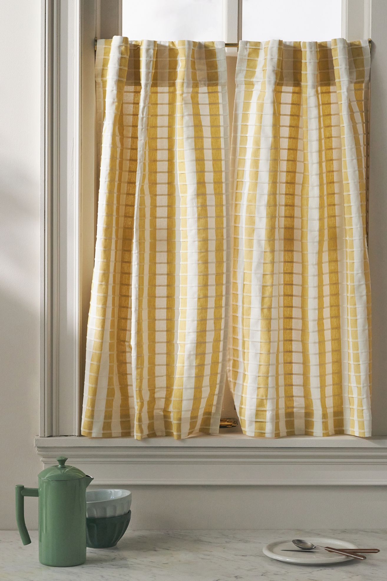 Cotton Woven Stripe Café Curtains, Set of 2 - Maize, Standard, 25" x 36"