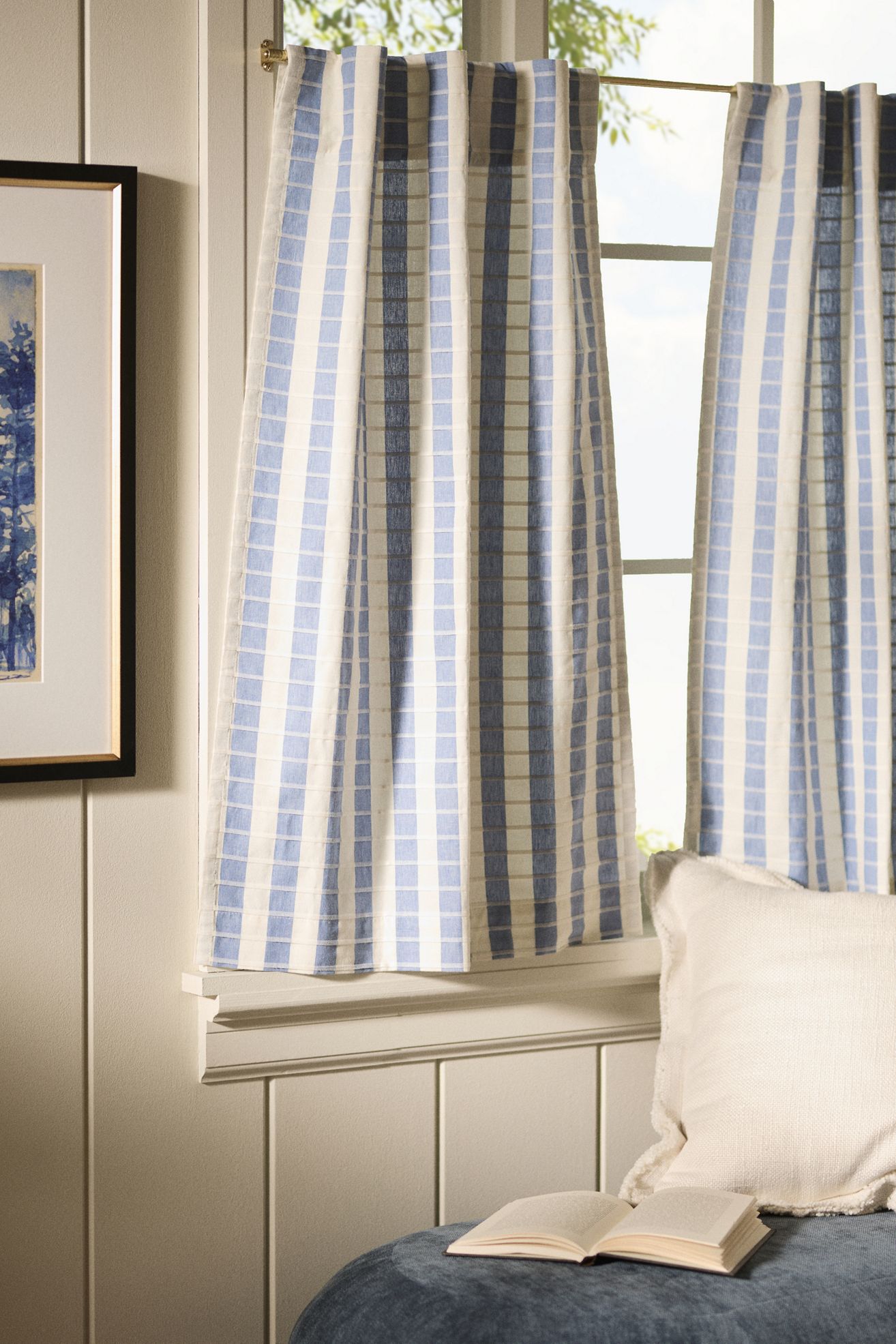 Cotton Woven Stripe Café Curtains, Set of 2 - Wedgewood Blue, 25" x 36"
