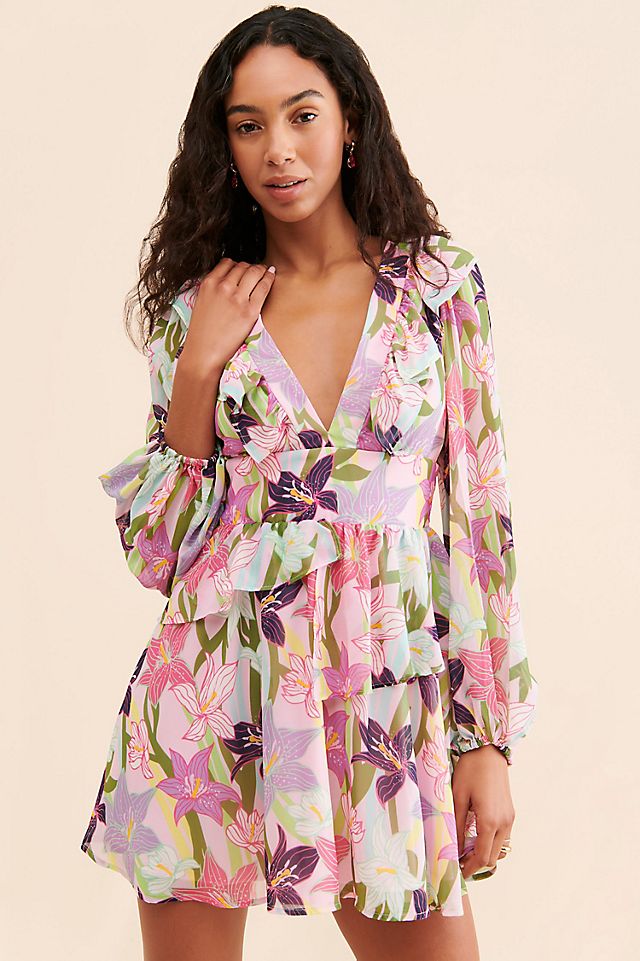 anthropologie mini dress By Floral Organza 18% metallic By Anthropologie Flutter-Sleeve Mini Dress