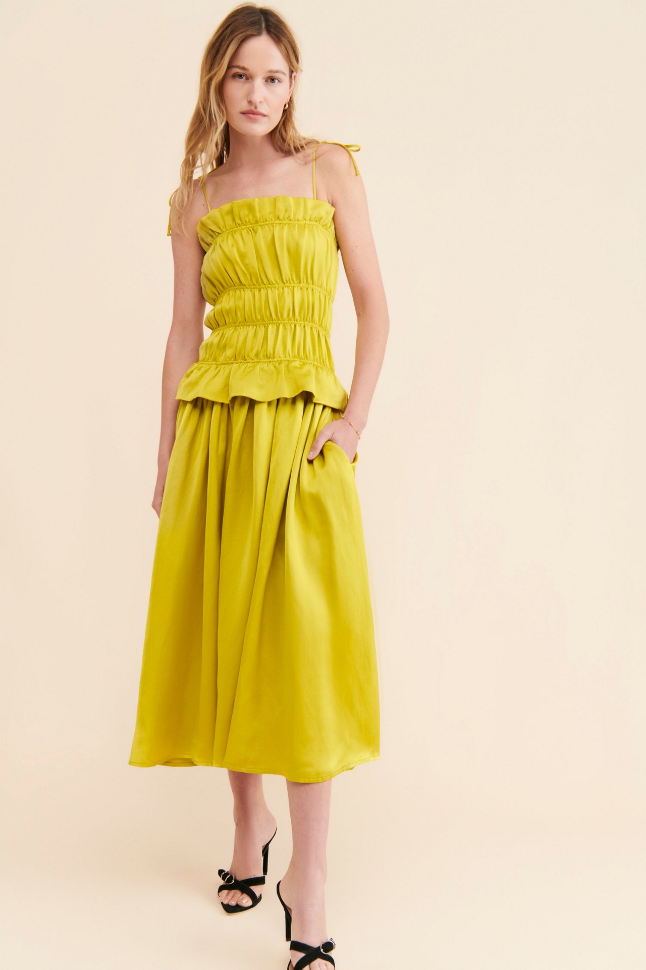 OhSevenDays Ruched Midi Tie-Strap Dress