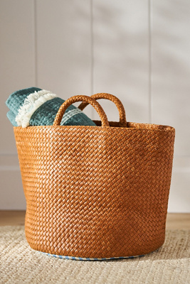 Anthropologie Eliza Woven Leather & Fabric-lined Basket