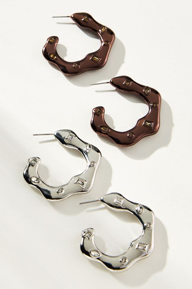 Medium Wavy Stone Hoop Earrings #2