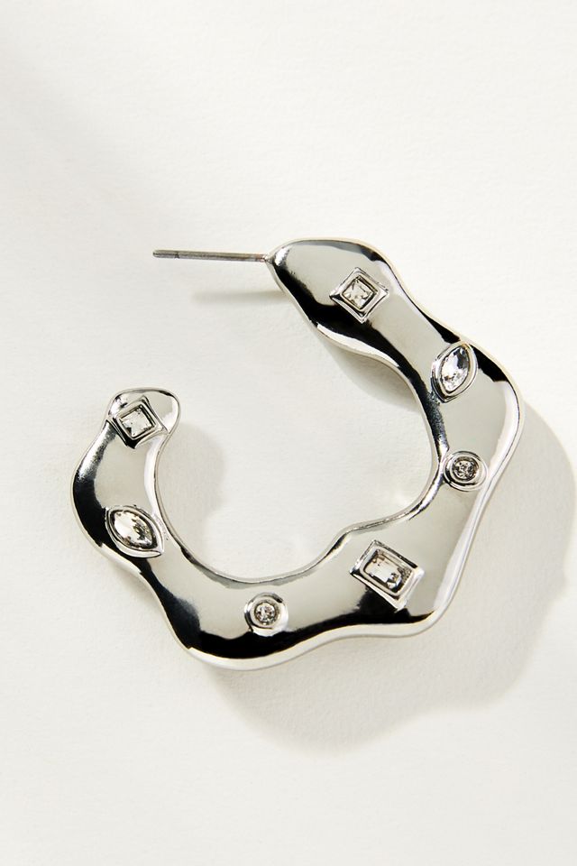 Medium Wavy Stone Hoop Earrings #3