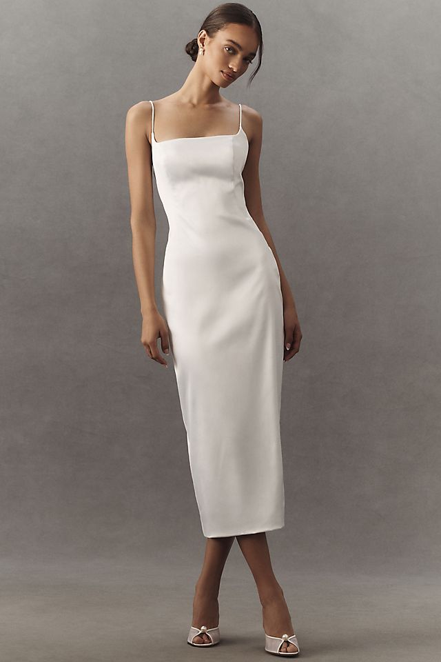 white dress silky Laura Halter Satin Gown / | MESHKI a showstopping bridesmaid dress for a glamorous wedding. BHLDN Square-Neck Back-Slit Slim Stretch