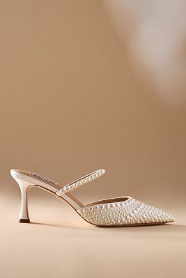 BADGLEY MISCHKA DUCHESS PEARL-EMBELLISHED SATIN MULE HEELS 