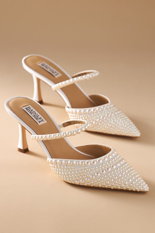 Badgley Mischka Duchess Pearl-Embellished Satin Mule Heels #1