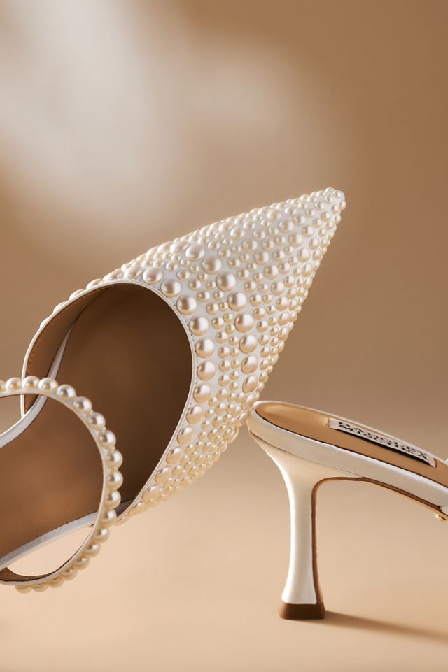 Badgley Mischka Duchess Pearl-Embellished Satin Mule Heels #2