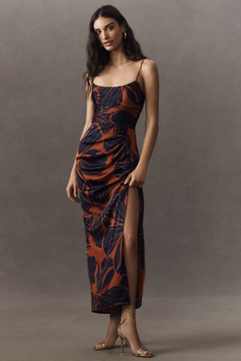 HUTCH LUXE SLEEVELESS RUCHED SIDE-SLIT SATIN MAXI DRESS 