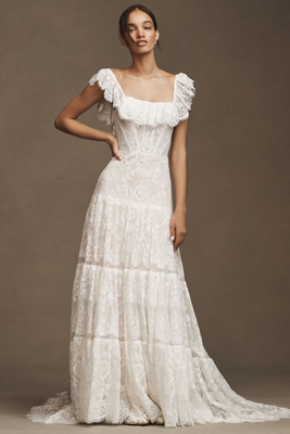 Rish Lauren Square-neck A-line Tiered Lace Wedding Gown In White