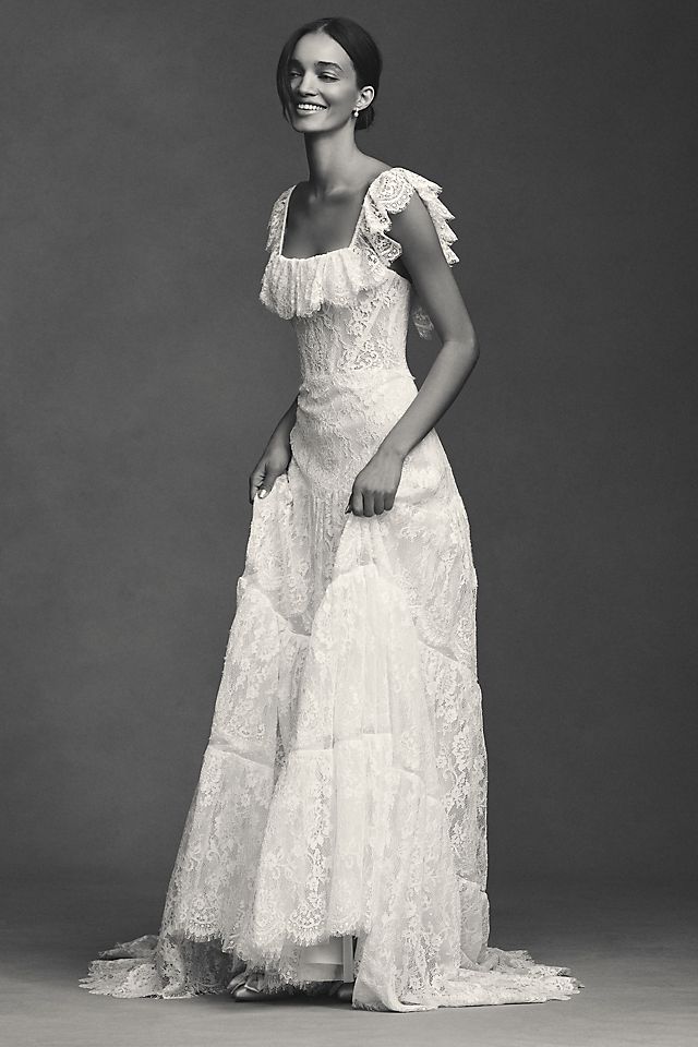 square neck lace wedding dress Charming A Line Tulle Long Dresses with Ivory line silhouette that dances around your figure with every step Square neckline wedding dress