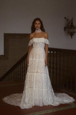 RISH Lauren Square-Neck A-Line Tiered Lace Wedding Gown