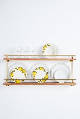 Anthropologie Aldina Acacia Wood & Brass Two-tiered Plate & Spice Rack