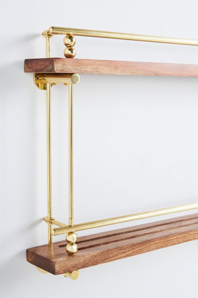 Aldina Acacia Wood & Brass Two-Tiered Plate & Spice Rack #1