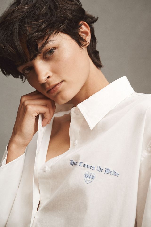 BRIDEMERCH Here Comes The Bride Long-Sleeve Mini Shirt Dress #1