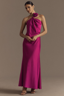 Aidan Mattox Clara One-shoulder Rosette Satin A-line Maxi Dress In Pink