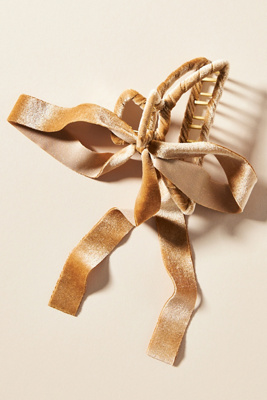 By Anthropologie Velvet Bow Ribbon Hair Claw Clip In Beige