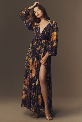 BHLDN MAE LONG-SLEEVE V-NECK CHIFFON MAXI DRESS 