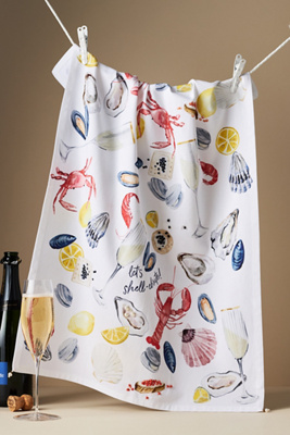 Anthropologie Let's Shellebrate Embroidered Dish Towel In White