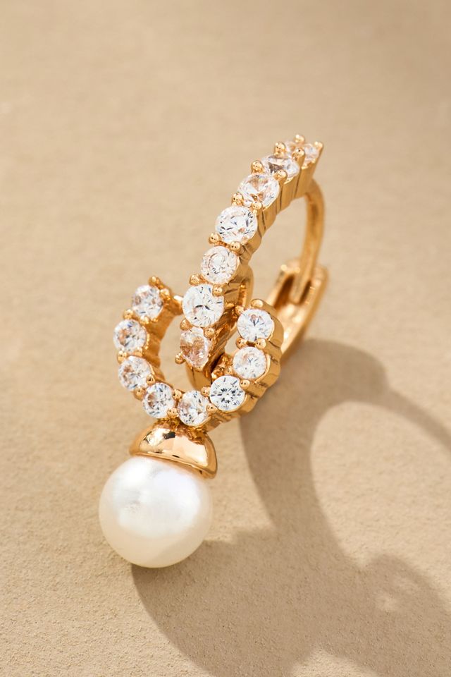 Tiny Crystal Pearl Huggie Hoop Earrings #1