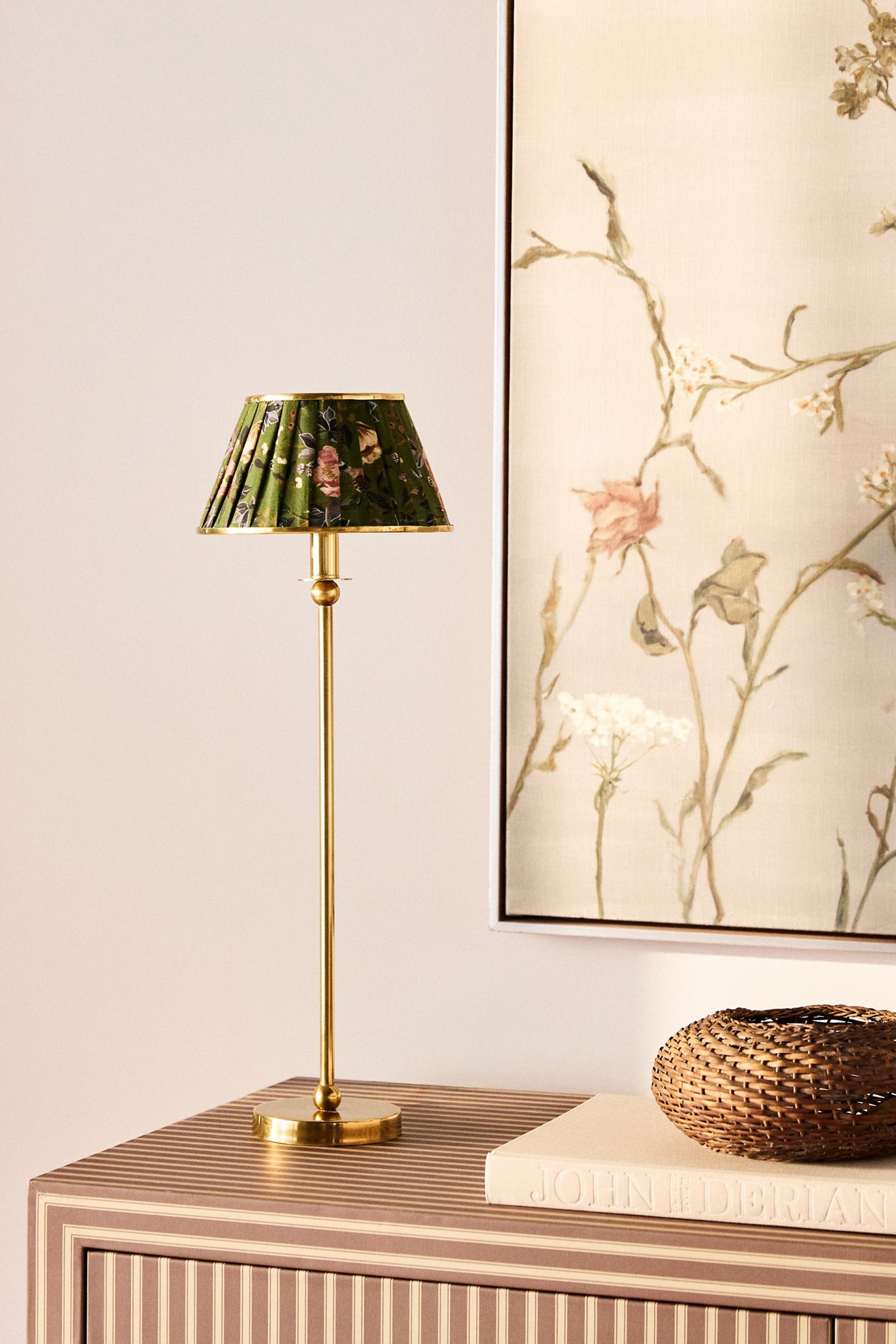 Lee Ruched Printed Shade Brass Table Lamp - Green Floral Print, One Size