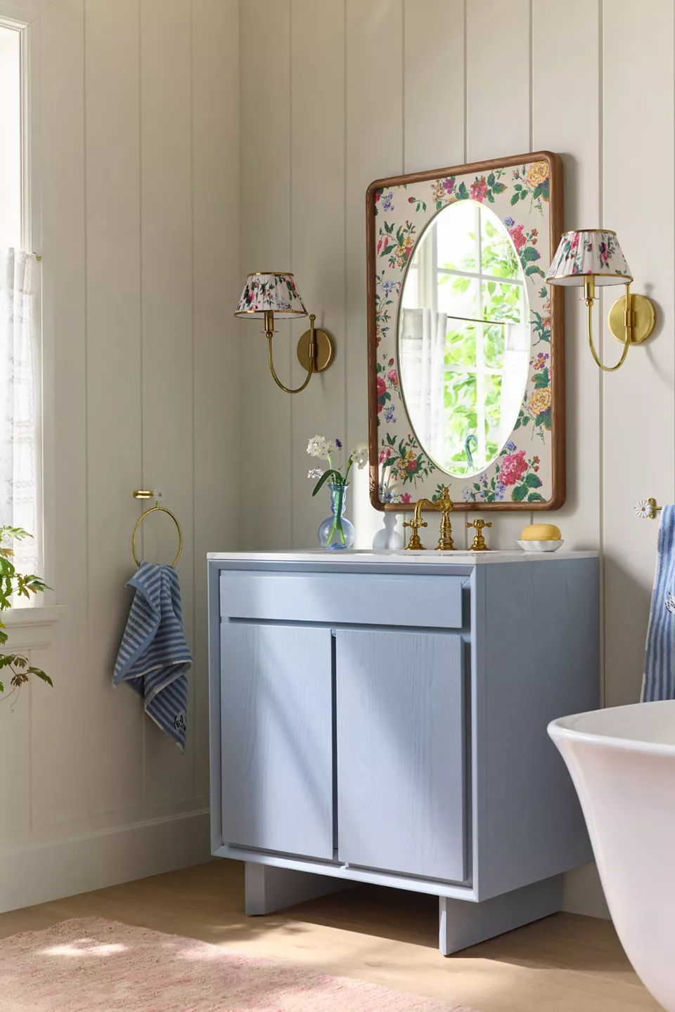 Brass fabric shade wall sconce for bathroom lighting