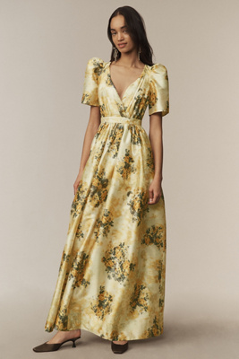 BHLDN AURORA PUFF-SLEEVE TAFFETA MAXI DRESS 