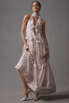 BHLDN HIGH-NECK RUFFLE PRINTED ORGANZA MAXI DRESS 