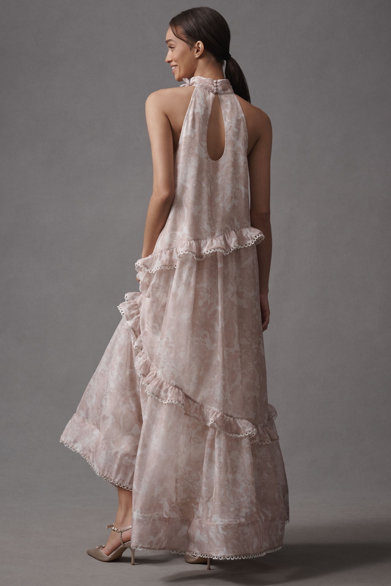 BHLDN High-Neck Ruffle Printed Organza Maxi Dress