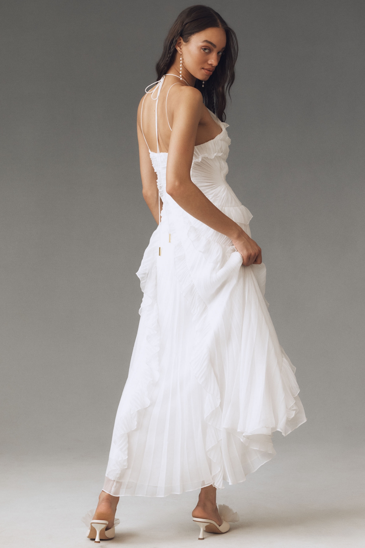 AMUR Lorelie Halter Pleated Ruffled Gown