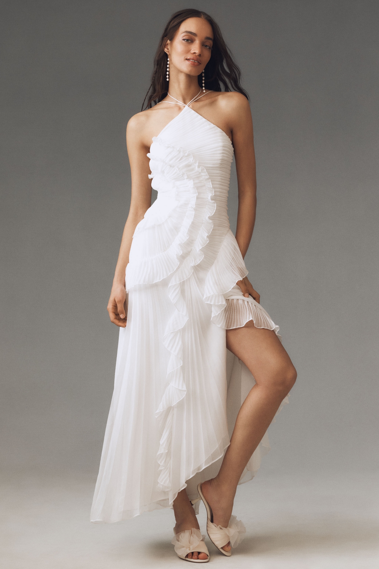AMUR Lorelie Halter Pleated Ruffled Gown