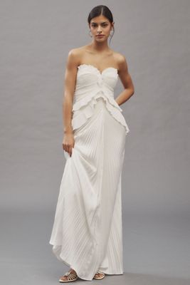 AMUR Isabell Strapless Sweetheart Pleated Ruffled Maxi Dress