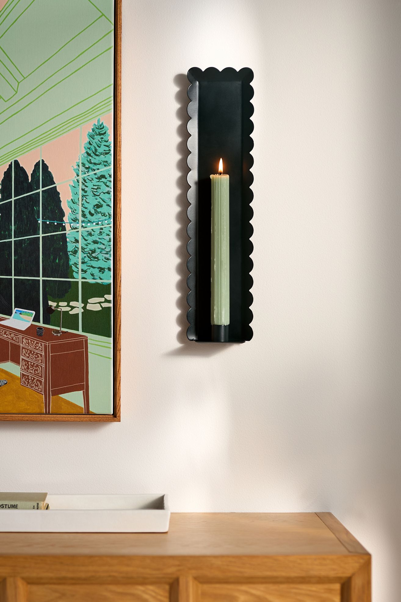 Scalloped Metal Candle Holder Wall Sconce - Dark Green, One Size