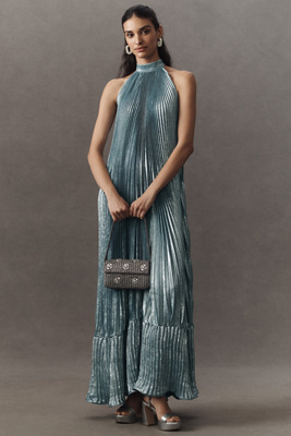 Shop L'idée Mystique Pleated Shimmer Maxi Dress In Blue