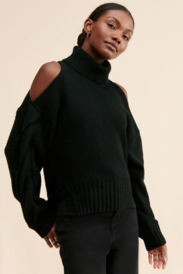Astr The Label Tori Embellished Cold Shoulder Sweater In Black