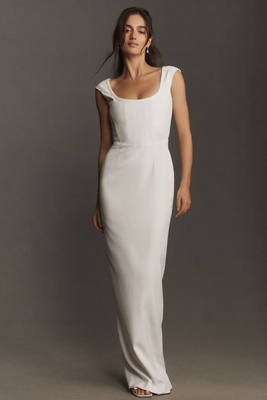 SAU LEE BROOKE CAP-SLEEVE SCOOP-NECK CREPE MAXI DRESS 
