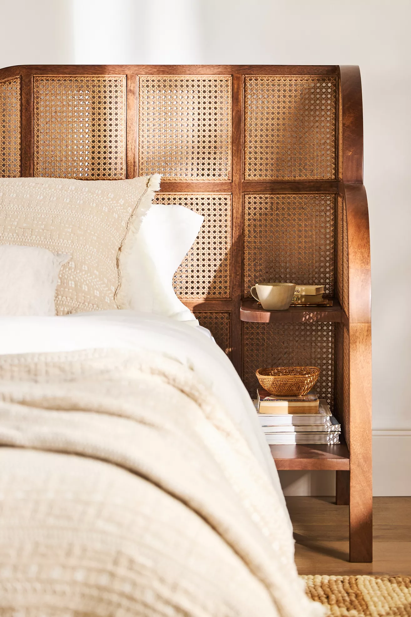 Close-up of headboard weaving and side shelf