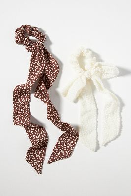 By Anthropologie Dotted Animal Print Hair Scarf Scrunchies, Set Of 2 In White