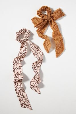 By Anthropologie Dotted Animal Print Hair Scarf Scrunchies, Set Of 2 In Brown