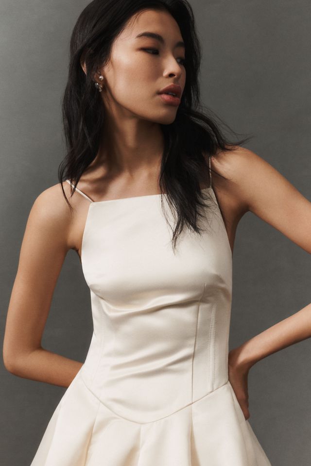 LoveShackFancy Jake Square-Neck Drop-Waist Satin Bubble Mini Dress #5