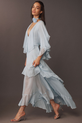 Loveshackfancy Collia V-neck Tiered Silk Chiffon Maxi Dress In Transparent