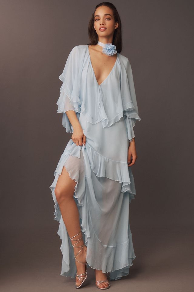 LoveShackFancy Collia V-Neck Tiered Silk Chiffon Maxi Dress