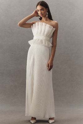 L'idée Masquerade Strapless Corseted Pleated Wedding Gown In White