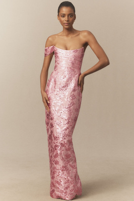 Sau Lee Jackson Jacquard Asymmetric Gown In Pink