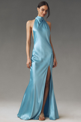 sau lee penelope high neck open back satin maxi dress Backless Gown, Mocha and a large statement wings at the back of the neck. sau lee penelope high neck